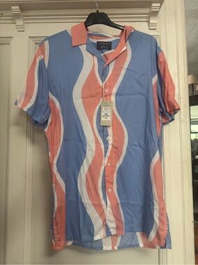 Primark Men’s Short-Sleeve Wave Print Shirt - Blue, Coral & White
